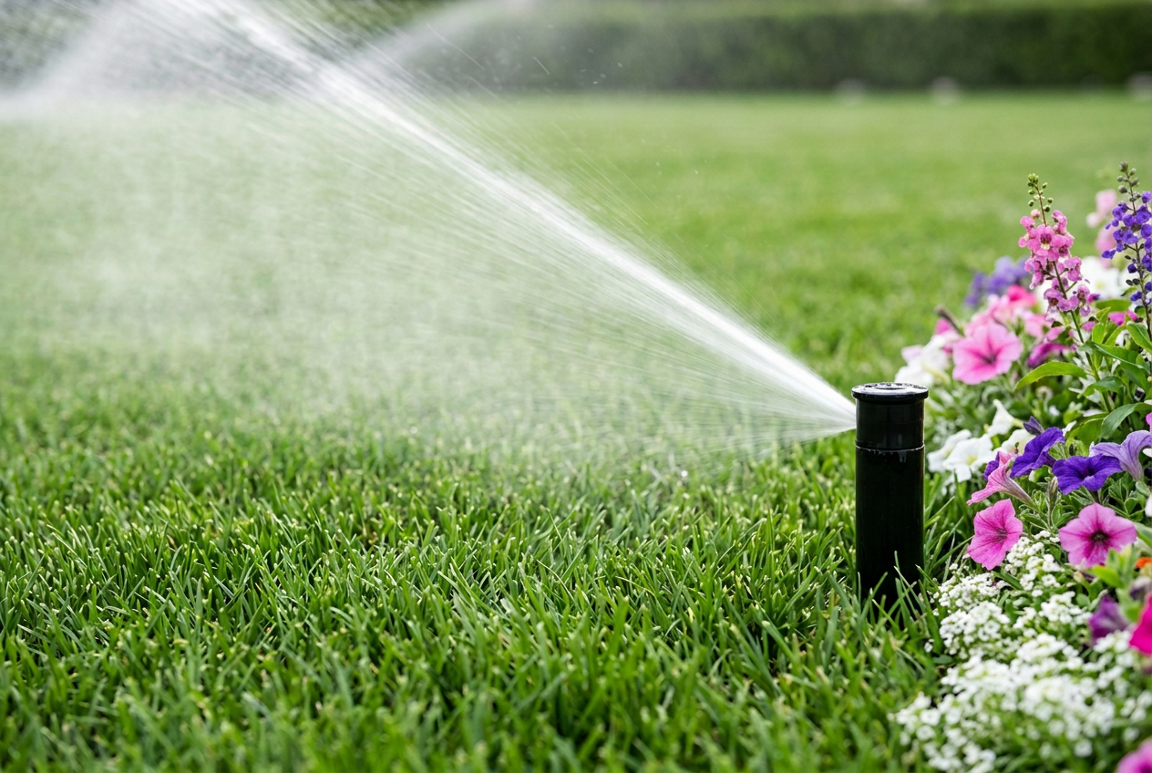 Black pop-up sprinkler head watering a healthy green lawn